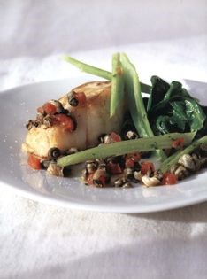 Cod with spinach beet, tomato and Cornish winkles