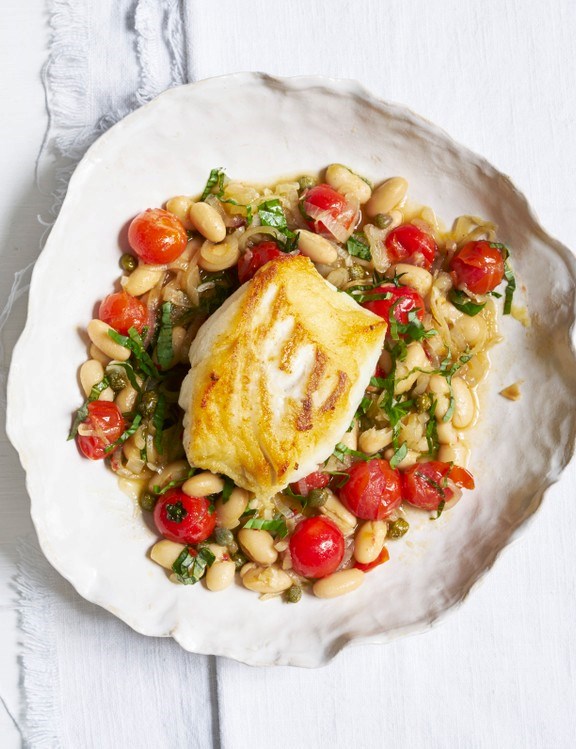 Cod with tomato and bean stew