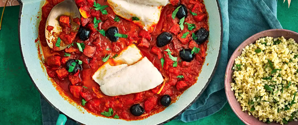 Cod with tomato, olive and chorizo sauce
