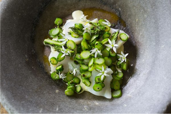 Cod with wild garlic miso & barbecued asparagus [Robin Gill]
