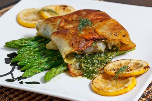 Cod wrapped in crispy potatoes with a dill and caper sauce