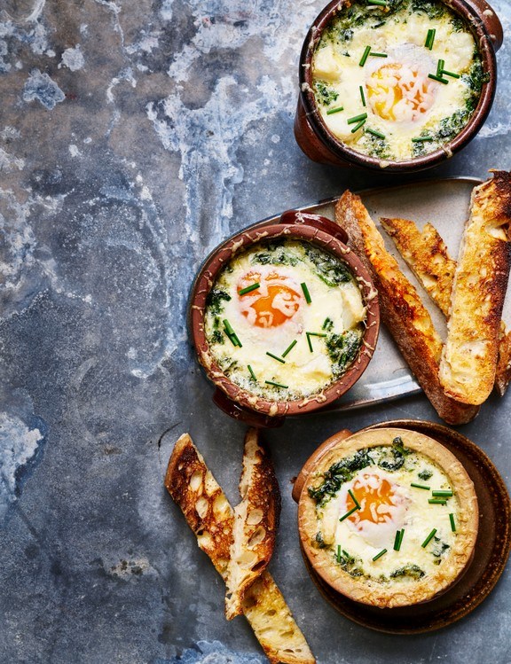 Coddled duck eggs with smoked haddock and spinach