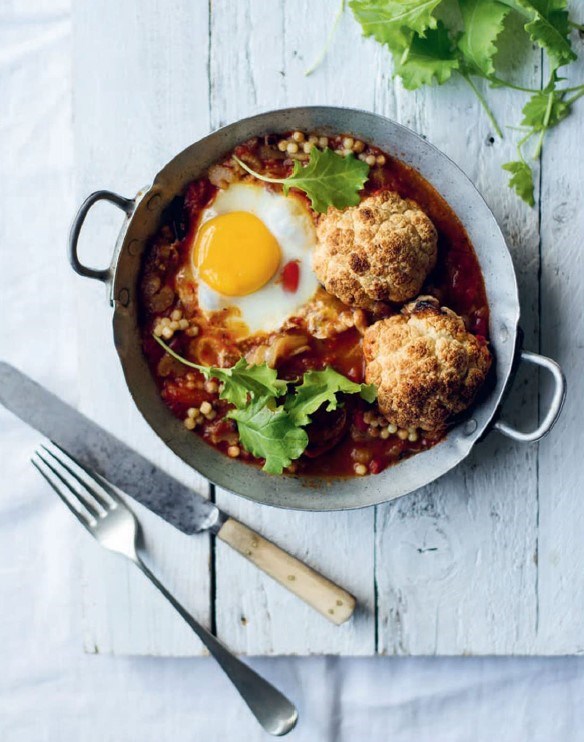 Coddled egg with baby cauliflower, baby kale, fregola shakshuka
