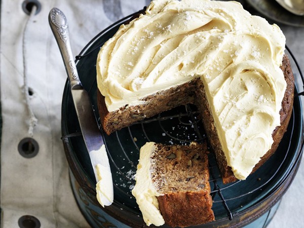 Coffee and walnut cake with salted caramel frosting
