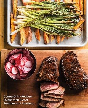 Coffee-chili-rubbed steaks with sweet potatoes and scallions [sheet pan]