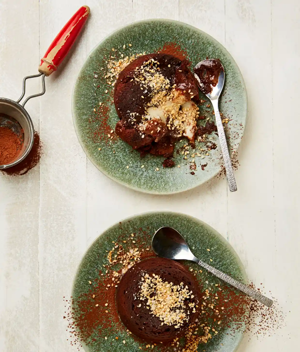 Coffee chocolate fondant and tahini mascarpone