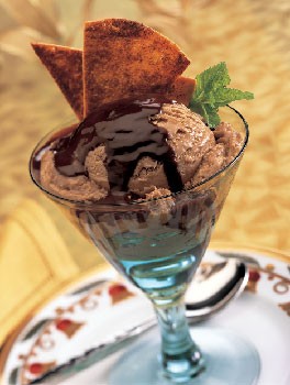 Coffee ice cream and Mexican chocolate sundaes with cinnamon-sugar tortilla crisps