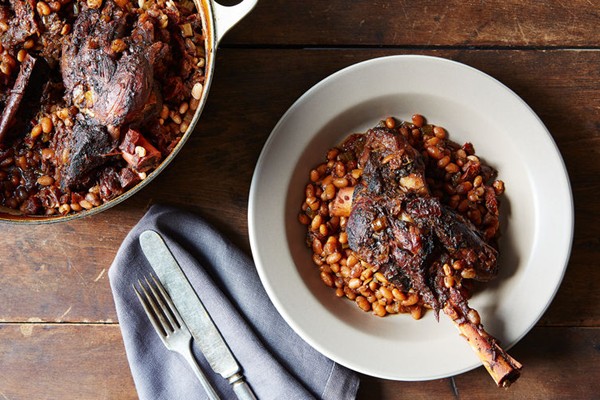 Coffee-infused braised lamb shanks and beans