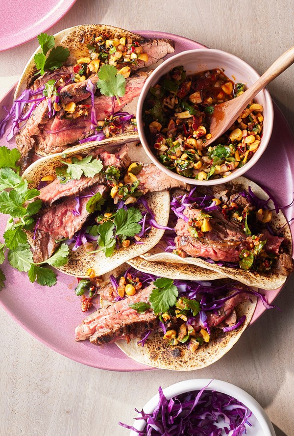 Coffee-marinated flank steak tacos