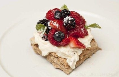 Coffee meringue with passion fruit cream and summer fruits