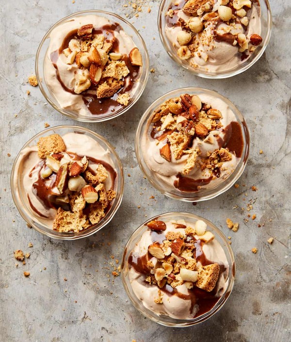 Coffee mousse with tahini chocolate sauce