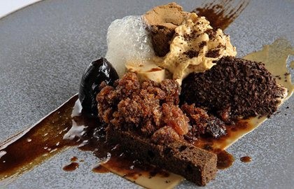 Coffee panna cotta with coffee granita and ice cream