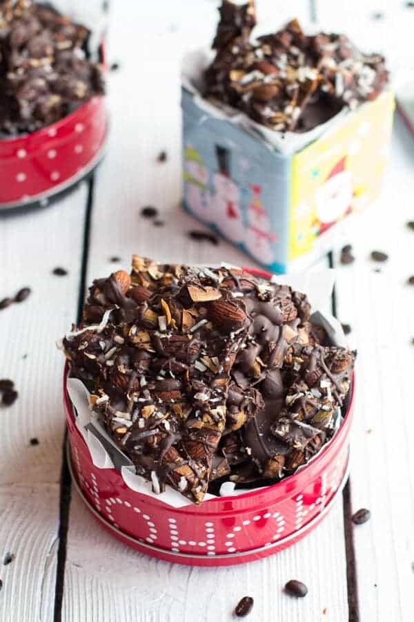 Coffee roasted almond + toasted coconut dark chocolate bark