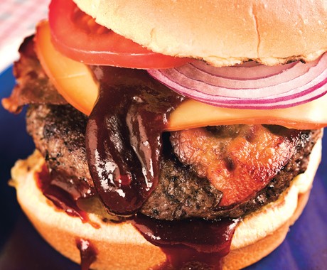 Coffee-rubbed cheeseburgers with Texas barbecue sauce
