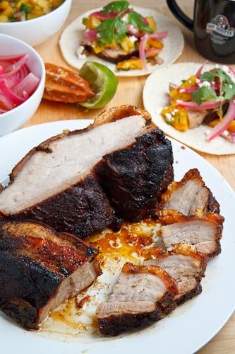 Coffee rubbed roasted pork belly tacos