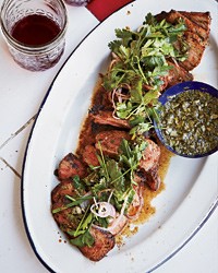 Coffee-rubbed strip steaks with chimichurri sauce