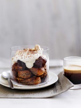 Coffee-soaked savoiardi with Kahlua cream and brown butter dates