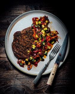 Coffee-spiced steak with burnt kachumber salad