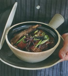Coffee, star anise and liquorice-braised pork belly and quince with mushrooms