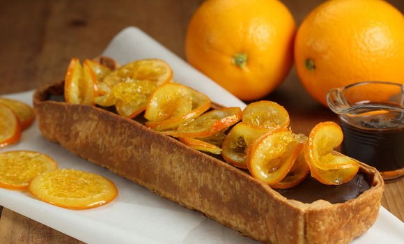 Coffee vino cotto chocolate tart with bitter oranges