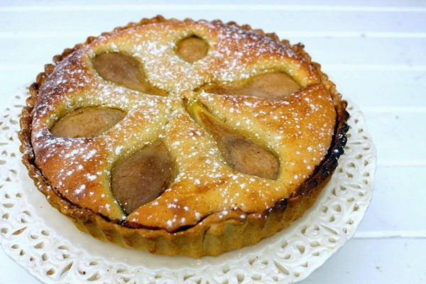 Cognac poached pear and frangipane tart