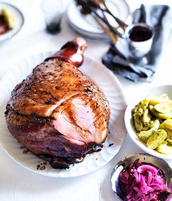 Cola-glazed ham, creamy potato and egg salad, and pickled onion