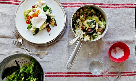 Colcannon with poached egg and streaky bacon