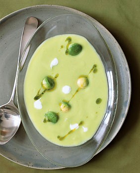 Cold avocado corn soup with cilantro oil