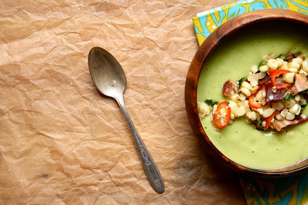 Cold avocado soup with sweet corn and bacon