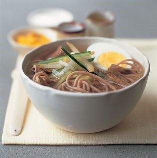 Cold beef broth with buckwheat ramen