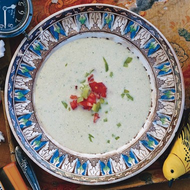Cold cucumber and cubanelle soup with cashews and chives