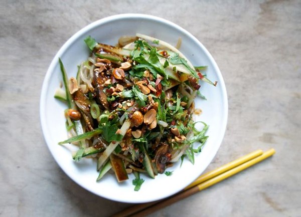 Cold cucumber and shirataki noodle salad with hot Sichuan sesame dressing