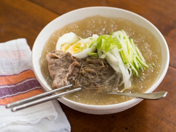 Cold Korean noodle soup with Asian pear and cucumber (Mul naengmyun)