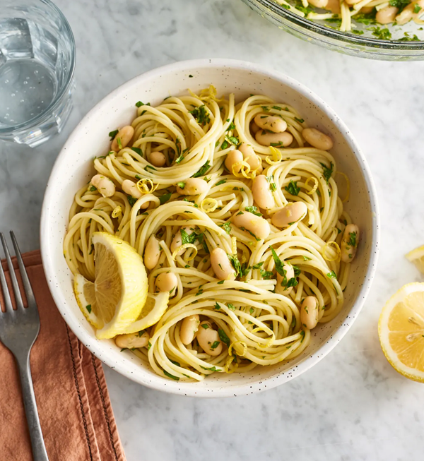 Cold noodles with salsa verde and white beans
