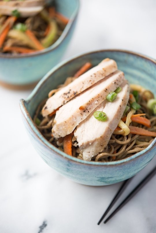 Cold peanut sesame noodles with pan-seared chicken