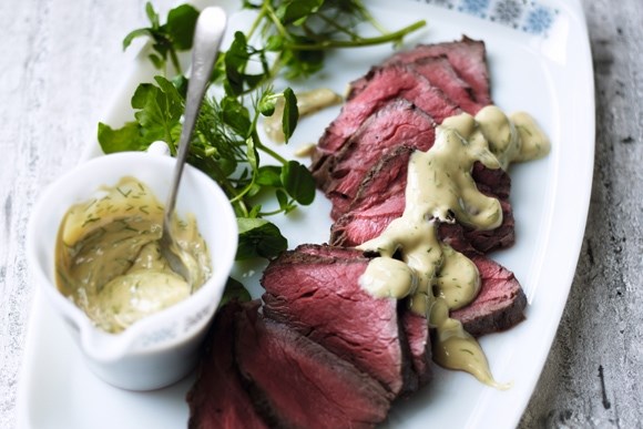 Cold rare roast beef with dill and mustard