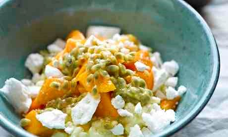 Cold rice and pandan pudding with Alphonso mango and lime syrup