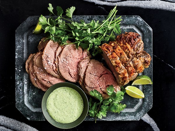 Cold roasted leg of lamb with cilantro-jalapeño yogurt