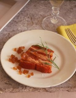 Cold salmon and tomato terrine with olive cream