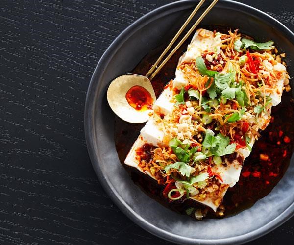 Cold silken tofu with peanuts, salted daikon, coriander and black vinegar