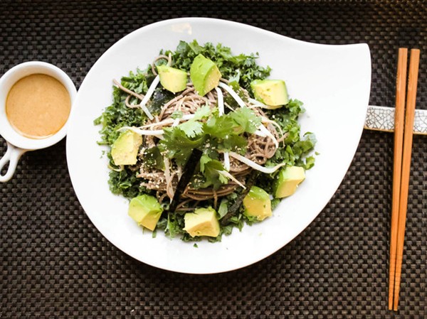 Cold soba noodles with kale, avocado, and miso-sesame dressing