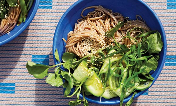 Cold soba with cucumber, watercress and sesame