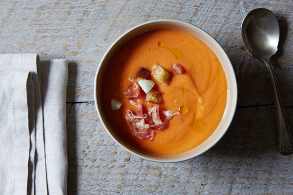 Cold Spanish tomato soup with serrano ham (Salmorejo)