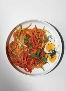 Cold spicy noodles with vegetables and soft-boiled eggs (Jjeol myeon)