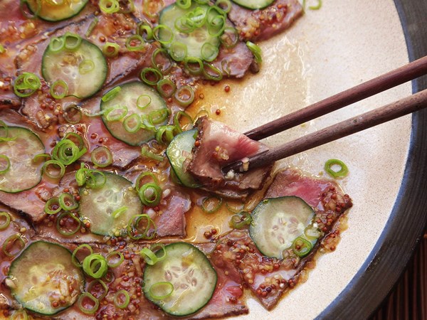 Cold steak salad with cucumber and ponzu-mustard vinaigrette