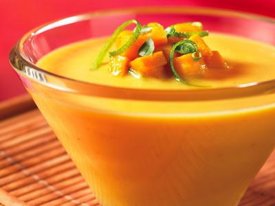 Cold Thai-style mango coconut soup with mango relish