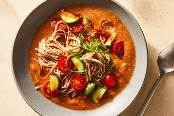Cold tomato and kimchi soba noodle soup