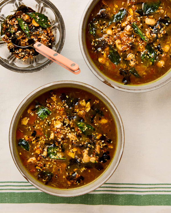 Cold tomato rasam with curry leaf 'furikake'