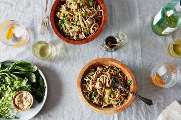 Cold vegetable and noodle salad with ponzu dressing