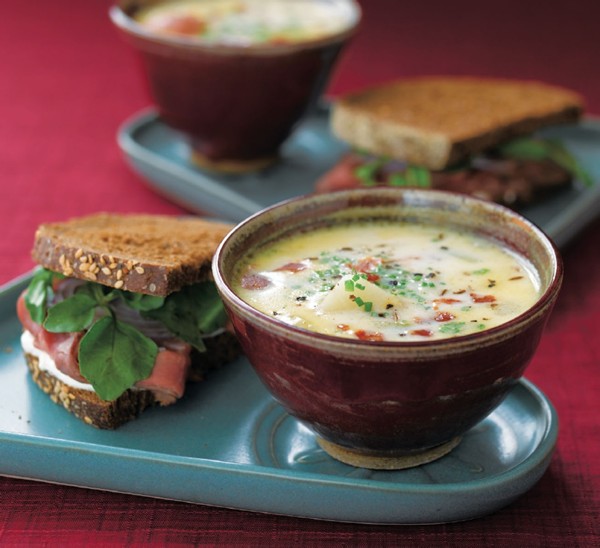 Cold weather potato chowder with caraway cheese 